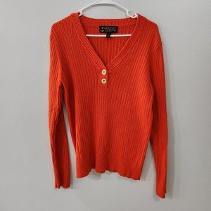 Orange VTG LRL 100% Cotton V Neck Ribbed Sweater With Logo Button Accents XL